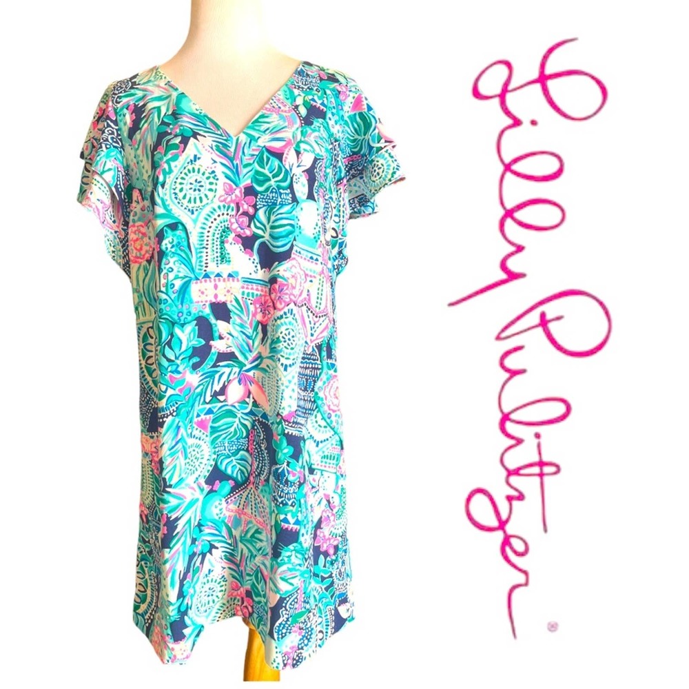 Lilly Pulitzer Teal, Pink & Navy Tropical Print Shift Dress